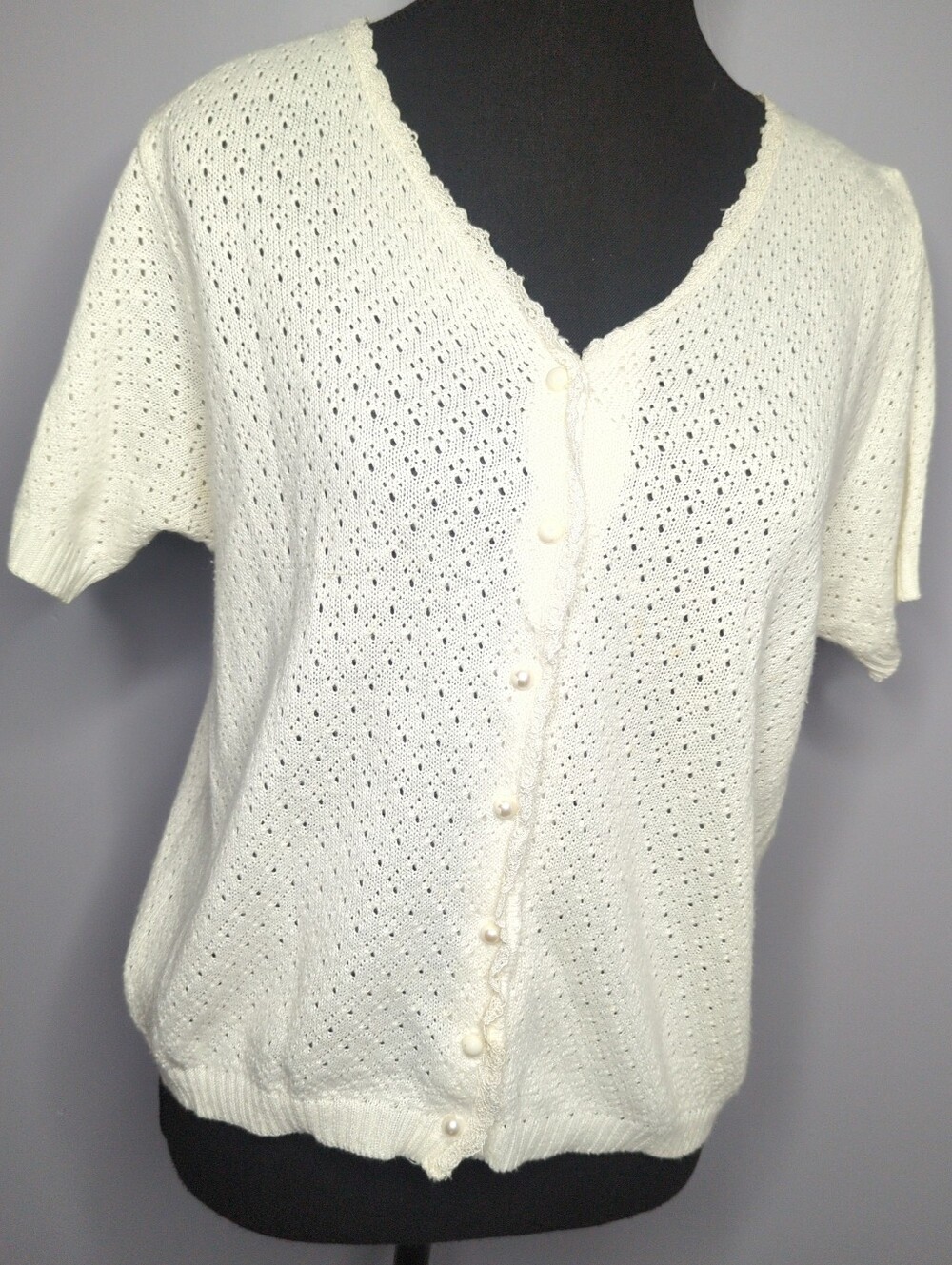 Vintage Cream Pointelle Knit Cardigan Short Sleeve V-Neck Button Up Top Boho L